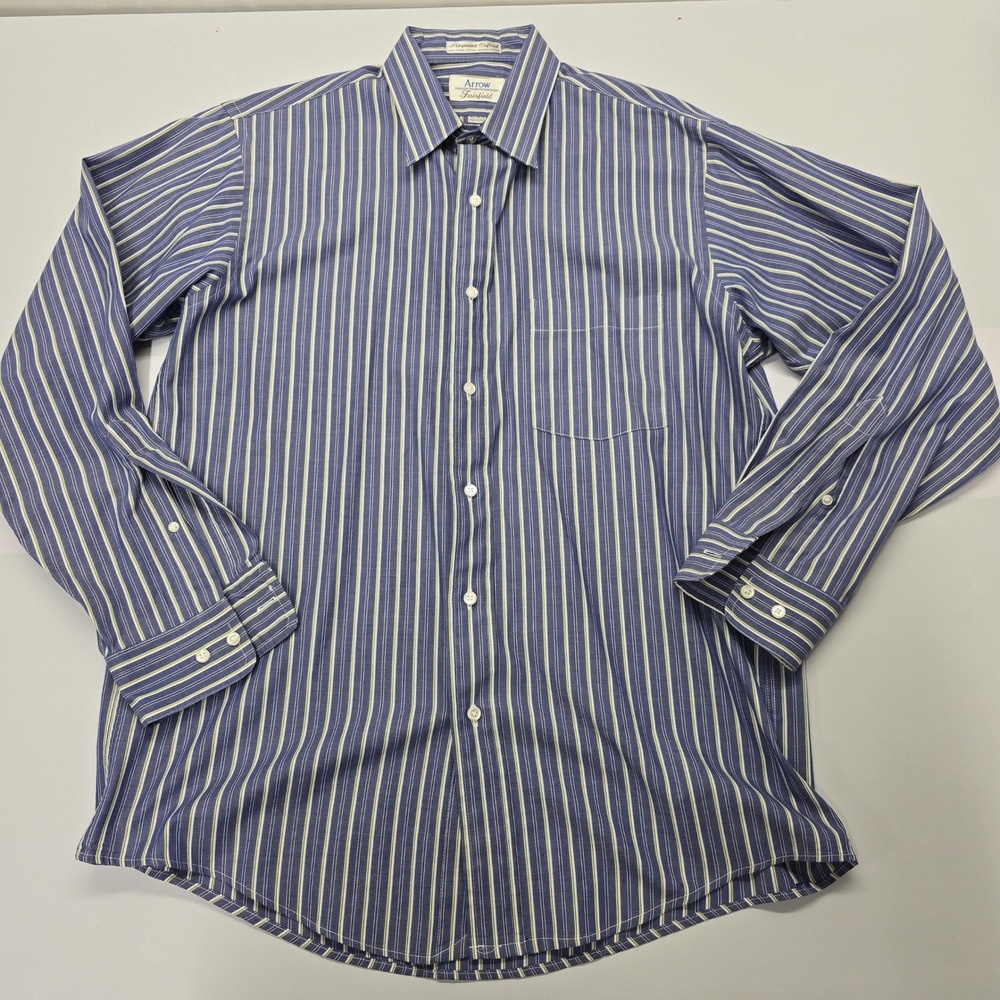 Arrow Fairfield Mens 15.5 32/33 Blue Striped Pima‎ Cotton Oxford Shirt USA Made